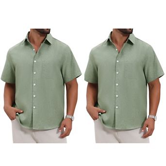 2 Packs Men's Plain Linen Shirt Chest Pocket Short Sleeve Contrast Color Collar Shirts