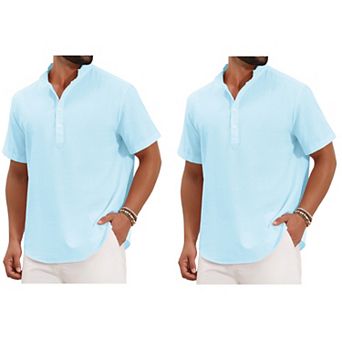 2 Packs Men's Henley Shirt Solid Color Stand Collar Short Sleeve Linen Shirt