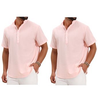 2 Packs Men's Henley Shirt Solid Color Stand Collar Short Sleeve Linen Shirt