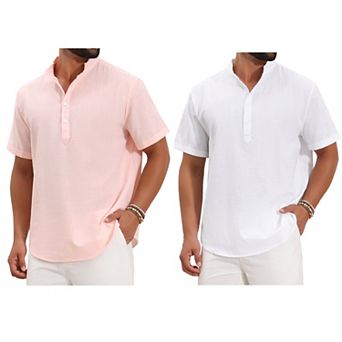 2 Packs Men's Henley Shirt Solid Color Stand Collar Short Sleeve Linen Shirt