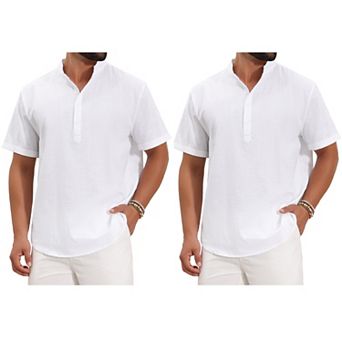 2 Packs Men's Henley Shirt Solid Color Stand Collar Short Sleeve Linen Shirt