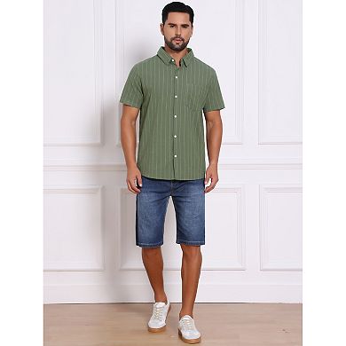 2 Packs Men's Point Collar Short Sleeve Button Down Casual Stripes Linen Shirts