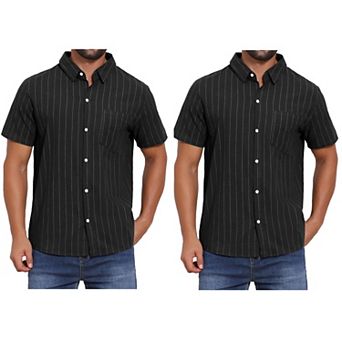2 Packs Men's Point Collar Short Sleeve Button Down Casual Stripes Linen Shirts