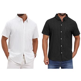 2 Packs Men's Point Collar Short Sleeve Button Down Casual Stripes Linen Shirts