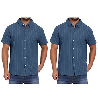 2 Packs Men's Point Collar Short Sleeve Button Down Casual Stripes Linen Shirts