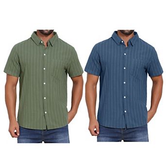 2 Packs Men's Point Collar Short Sleeve Button Down Casual Stripes Linen Shirts