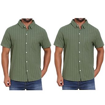 2 Packs Men's Point Collar Short Sleeve Button Down Casual Stripes Linen Shirts