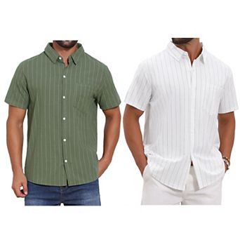 2 Packs Men's Point Collar Short Sleeve Button Down Casual Stripes Linen Shirts