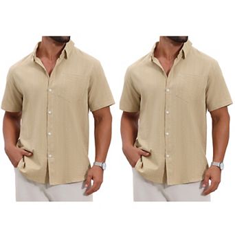 2 Packs Men's Point Collar Short Sleeve Button Down Casual Stripes Linen Shirts