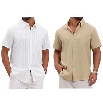 2 Packs Men's Point Collar Short Sleeve Button Down Casual Stripes Linen Shirts