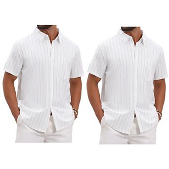 2 Packs Men's Point Collar Short Sleeve Button Down Casual Stripes Linen Shirts