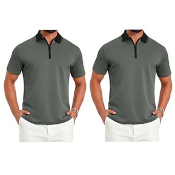 2 Packs Men's Zipper Closure T-Shirt Colorblock Short Sleeve Basic Polo Shirt