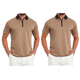 2 Packs Men's Zipper Closure T-Shirt Colorblock Short Sleeve Basic Polo Shirt