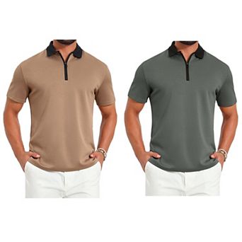 2 Packs Men's Zipper Closure T-Shirt Colorblock Short Sleeve Basic Polo Shirt
