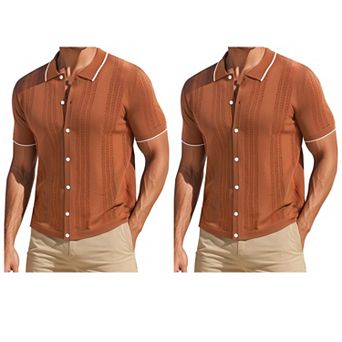 2 Packs Men's Knit Shirt Button Down Short Sleeve Lightweight Summer Vintage Knited Polo Shirts