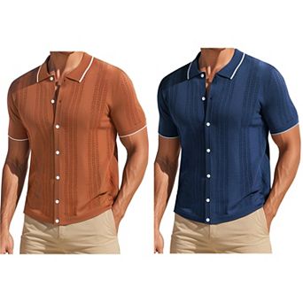 2 Packs Men's Knit Shirt Button Down Short Sleeve Lightweight Summer Vintage Knited Polo Shirts