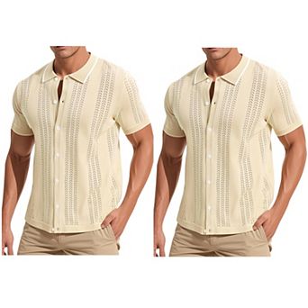 2 Packs Men's Knit Shirt Button Down Short Sleeve Lightweight Summer Vintage Knited Polo Shirts