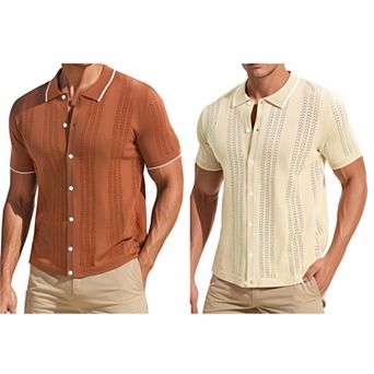 2 Packs Men's Knit Shirt Button Down Short Sleeve Lightweight Summer Vintage Knited Polo Shirts
