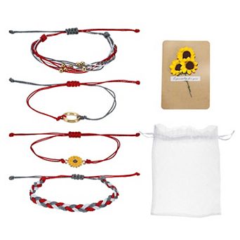 4 pc Sunflower Bracelets, Bohemia Bracelets Adjustable Braided Rope String Set with Card & Mesh Bag