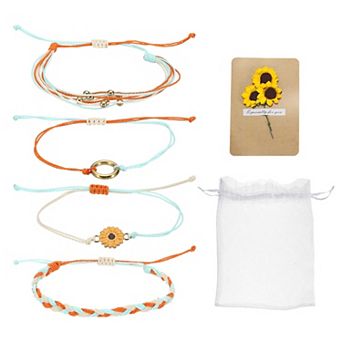 4 pc Sunflower Bracelets, Bohemia Bracelets Adjustable Braided Rope String Set with Card & Mesh Bag
