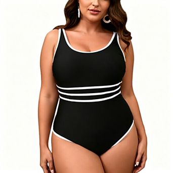 Women's Contrast Trim One‑Piece Swimsuit - Scoop Neck Adjustable Strap Tummy Control Swimwear