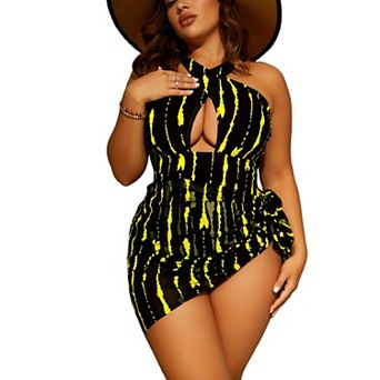 Women's Abstract Print Halter One‑Piece Swimsuit with Wrap Skirt Cover‑Up