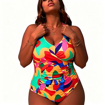 Women's Abstract Print Halter One‑Piece Swimsuit - V Neck Cross Back Tummy Control Swimwear