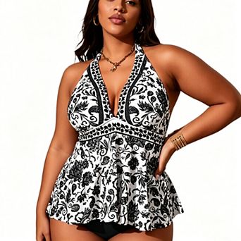 Women's Floral Halter Tankini Set - V Neck Flowy Ruffle Top with Bikini Bottom