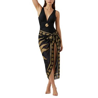 Women's 2 pc Swimwear Set - V‑Neck One‑Piece Swimsuit with Sun Print Sarong Cover‑Up