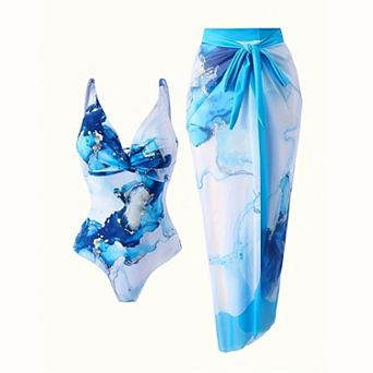 Women's Marble Print 2 pc Set - Twist Front V‑Neck Swimsuit with Wrap Sarong Cover‑Up
