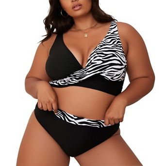 Women's Color Block Zebra Print Bikini Set - Wrap V Neck High Waist Two Piece Swimwear