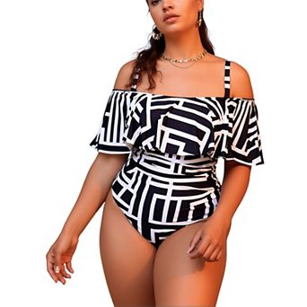 Women's Off Shoulder Ruffle One Piece - Geometric Print Adjustable Strap Swimwear