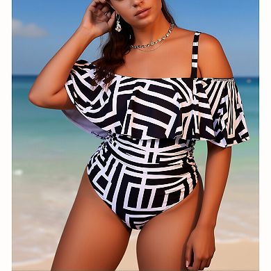 Women's Off Shoulder Ruffle One Piece - Geometric Print Adjustable Strap Swimwear