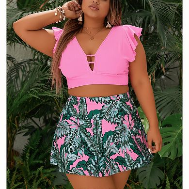 Women's Ruffle Sleeve Tankini Set - Cutout V Neck Crop Top with Tropical Leaf Skort Bottom