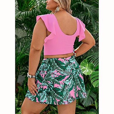 Women's Ruffle Sleeve Tankini Set - Cutout V Neck Crop Top with Tropical Leaf Skort Bottom