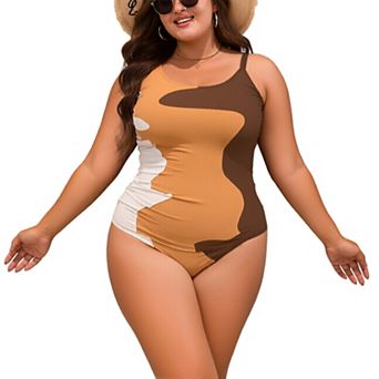 Women's Color Block One Piece Swimsuit - Adjustable Spaghetti Strap Ruched Tummy Control Swimwear