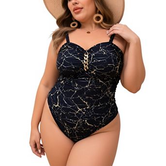 Women's Chain Detail One Piece Swimsuit - Spaghetti Strap Marble Print Ruched Tummy Control Swimwear