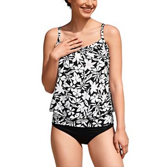 Women's Spaghetti Strap Tankini Set - Ruched Scoop Neck Floral Top with Solid Bikini Bottom