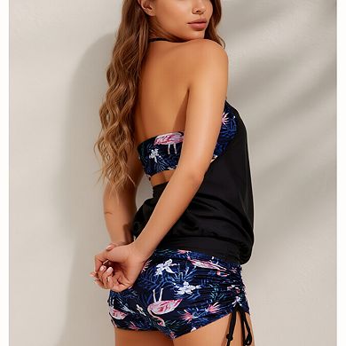 Women's Back Cutout Tankini Set - Gathered Neck Spliced Print Top with Side Drawstring Boyshort