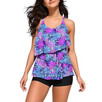 Women's Tiered Ruffle Tankini Set - U Neck Tropical Leaf Print Adjustable Strap Boyshort