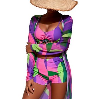 Women's Abstract Leaf Print 3 pc Swimsuit - Ruched Bikini Top + Boyshort + Long Kimono Cover Up