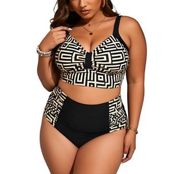 Women's Geometric Print High Waisted Tankini Set - Adjustable Strap Midriff Top