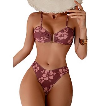 Women's Hibiscus Print Bikini Set - U-Bar Front Adjustable Strap Swimwear
