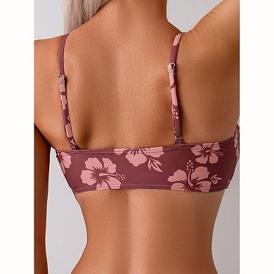Women's Hibiscus Print Bikini Set - U-Bar Front Adjustable Strap Swimwear