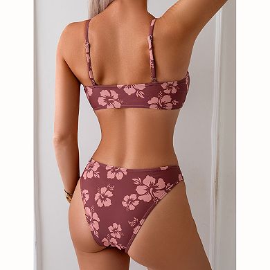 Women's Hibiscus Print Bikini Set - U-Bar Front Adjustable Strap Swimwear