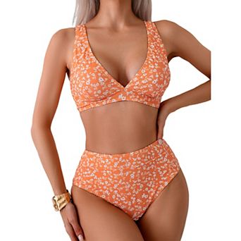 Women's Ditsy Floral High Waist Bikini Set - Wide Strap V Neck Swimwear