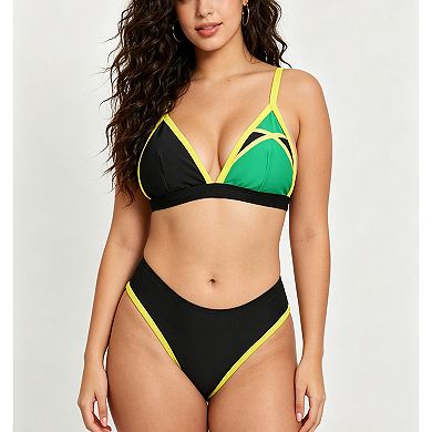 Women's Color Block Triangle Bikini Set - Adjustable Cross Back Contrast Trim Swimwear