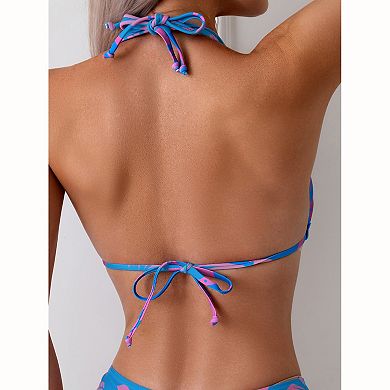 Women's Tropical Leaf Print Halter Bikini Set - Triangle Top with Tie Back Swimwear