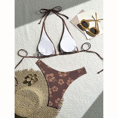 Women's Hibiscus Print Halter Bikini Set - Triangle Top with Side Tie Swimwear