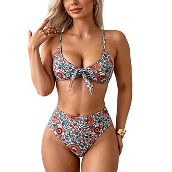 Women's Floral Print Knot Front Bikini Set - Adjustable Strap High Waist Swimwear